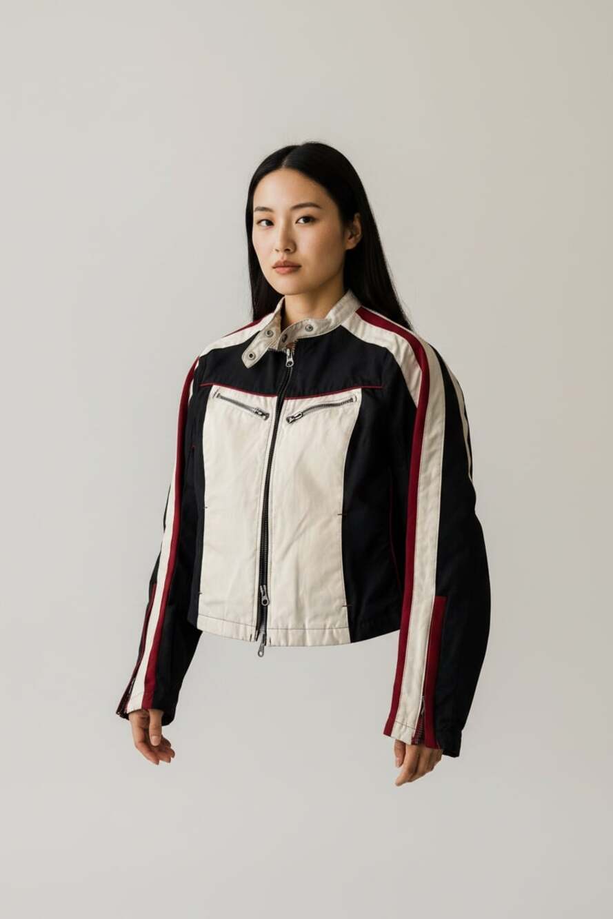 Vintage Tommy Hilfiger Denim Racing Biker Jacket Black White Red
